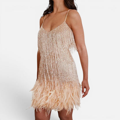 Duvrier | Women's Sequin Fringe Feather Party Dress