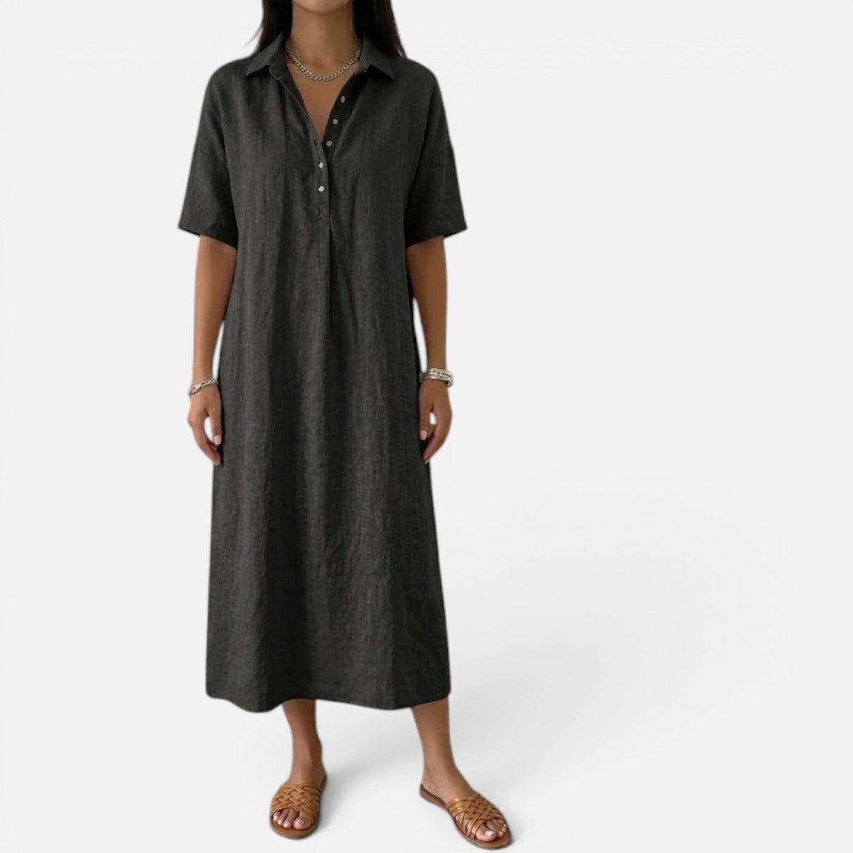 Duvrier | Women’s Casual Cotton Linen Polo Summer Dress With Short Sleeves