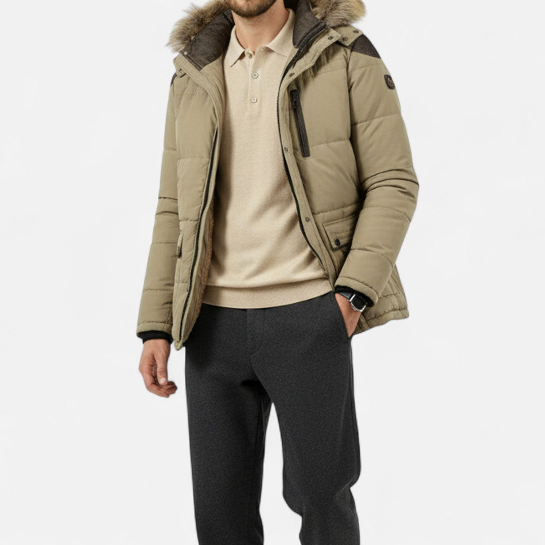 Hooded winter jacket with faux fur trim and zip front, lined for warmth and outdoor comfort