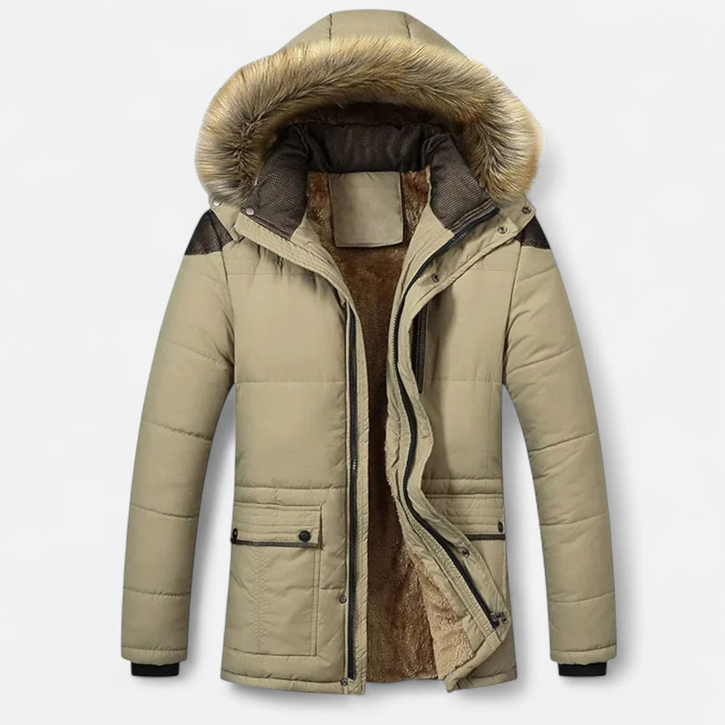 Hooded winter jacket with faux fur trim and zip front, lined for warmth and outdoor comfort