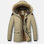 Hooded winter jacket with faux fur trim and zip front, lined for warmth and outdoor comfort