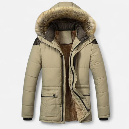 Hooded winter jacket with faux fur trim and zip front, lined for warmth and outdoor comfort