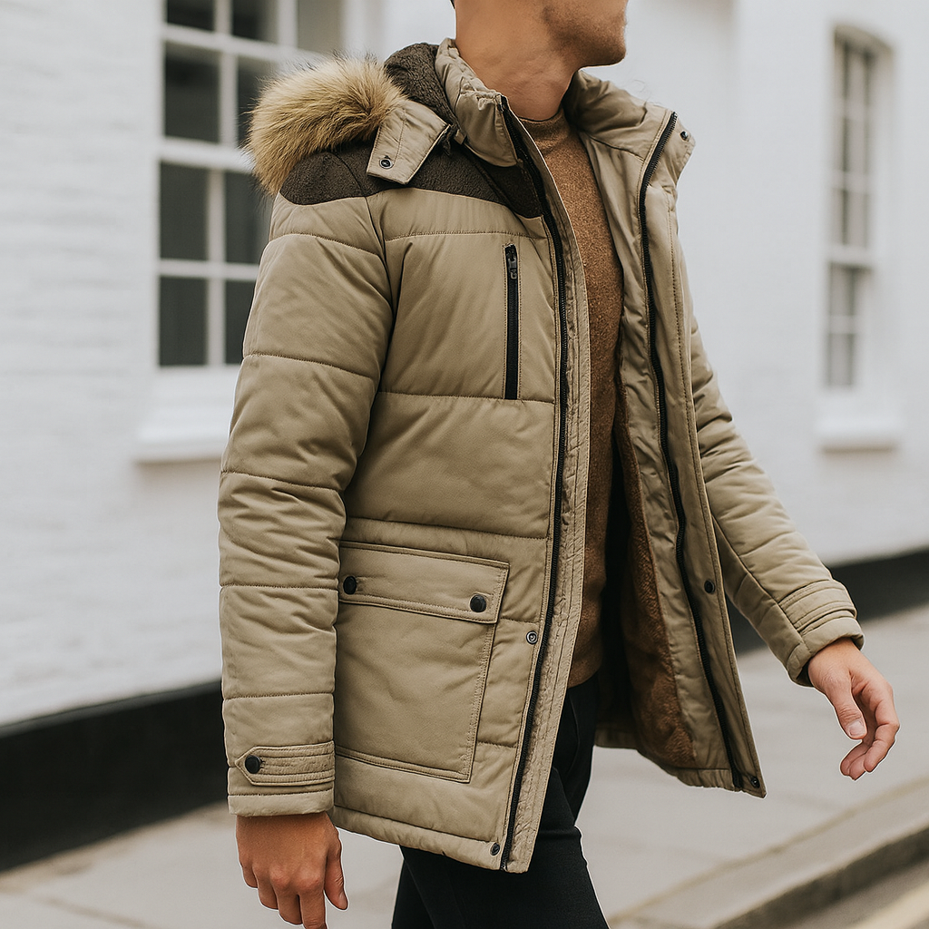 Hooded winter jacket with faux fur trim and zip front, lined for warmth and outdoor comfort