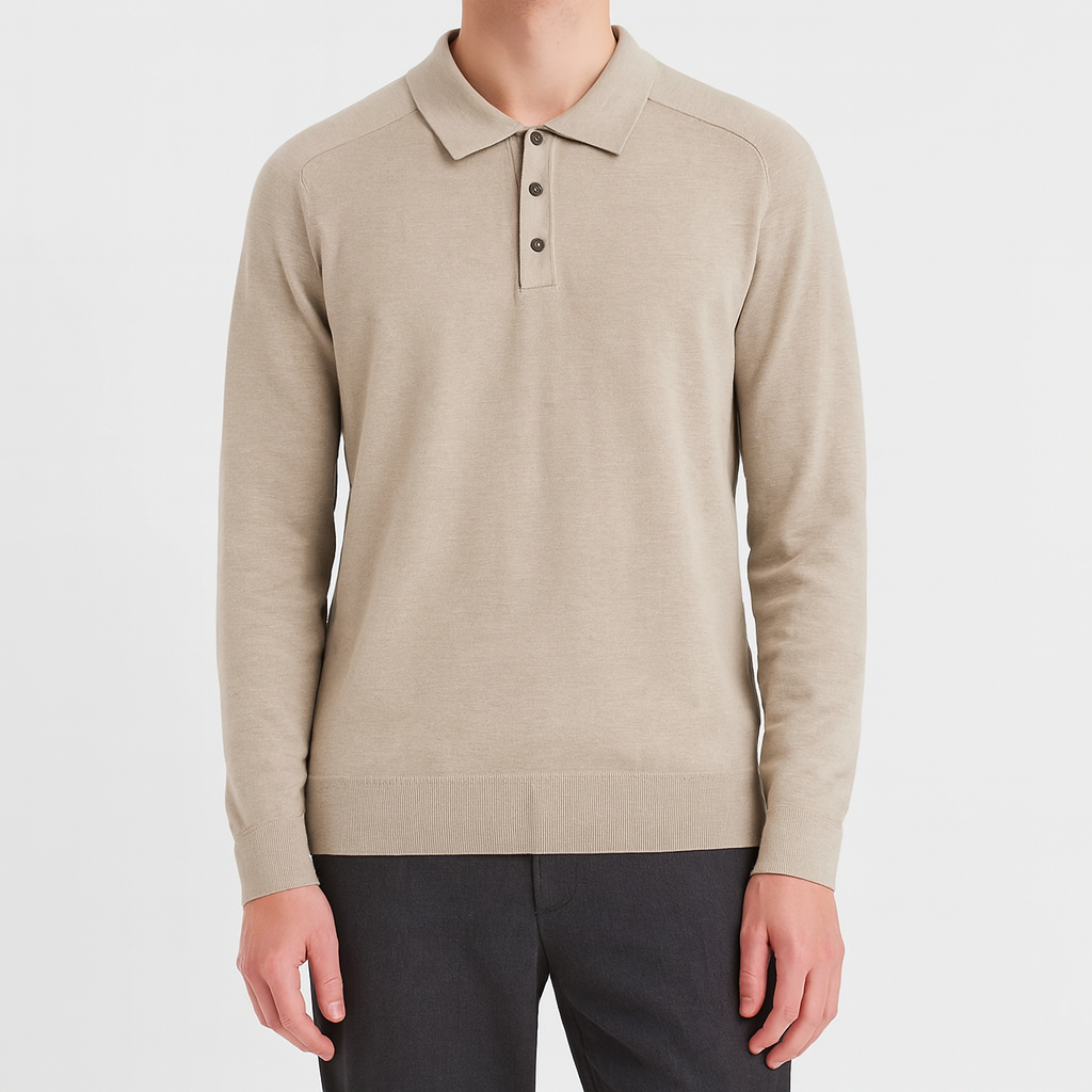 Knit polo sweater with button placket and classic collar, styled for a refined casual look