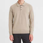 Knit polo sweater with button placket and classic collar, styled for a refined casual look