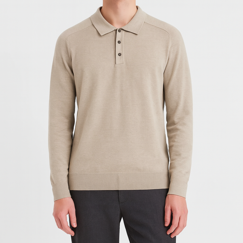 Knit polo sweater with button placket and classic collar, styled for a refined casual look