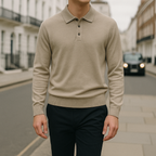 Knit polo sweater with button placket and classic collar, styled for a refined casual look
