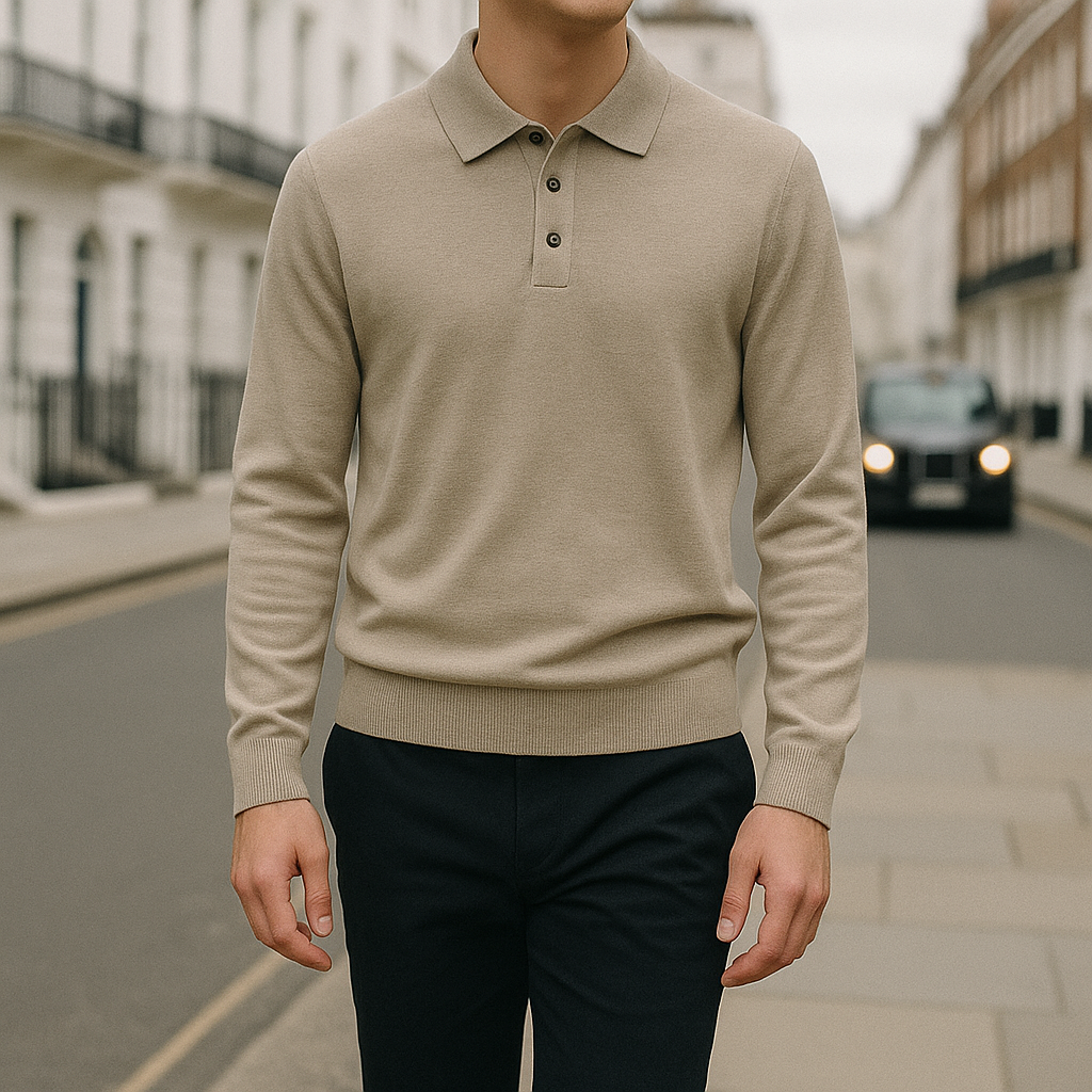 Knit polo sweater with button placket and classic collar, styled for a refined casual look