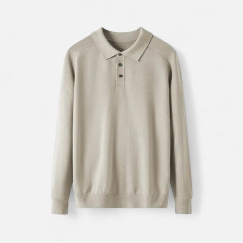 Knit polo sweater with button placket and classic collar, styled for a refined casual look