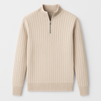 Knit zip collar sweater with half-zip front and textured detail, styled for modern city looks