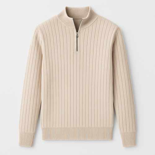 Knit zip collar sweater with half-zip front and textured detail, styled for modern city looks