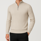 Knit zip collar sweater with half-zip front and textured detail, styled for modern city looks