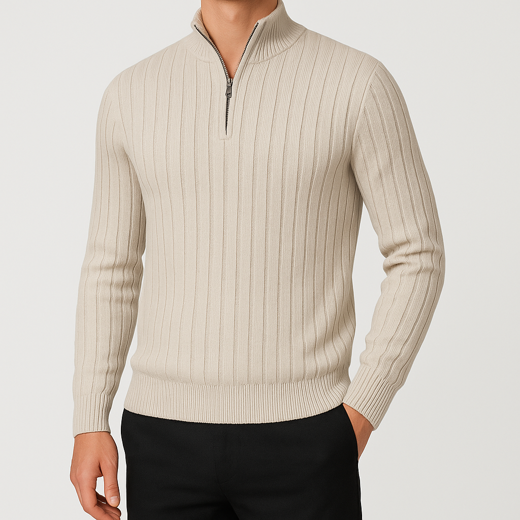 Knit zip collar sweater with half-zip front and textured detail, styled for modern city looks
