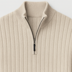 Knit zip collar sweater with half-zip front and textured detail, styled for modern city looks