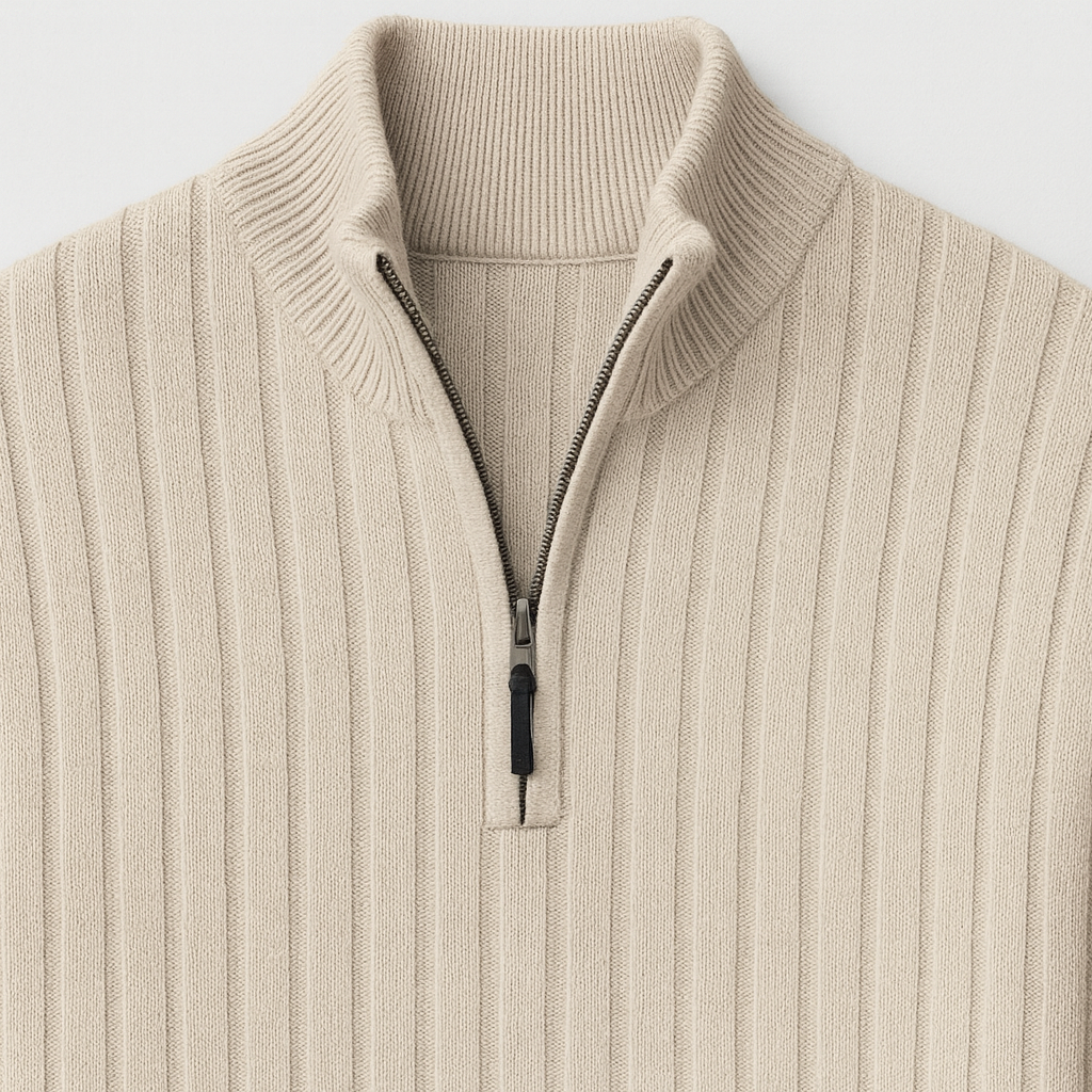 Knit zip collar sweater with half-zip front and textured detail, styled for modern city looks