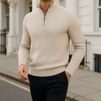 Knit zip collar sweater with half-zip front and textured detail, styled for modern city looks