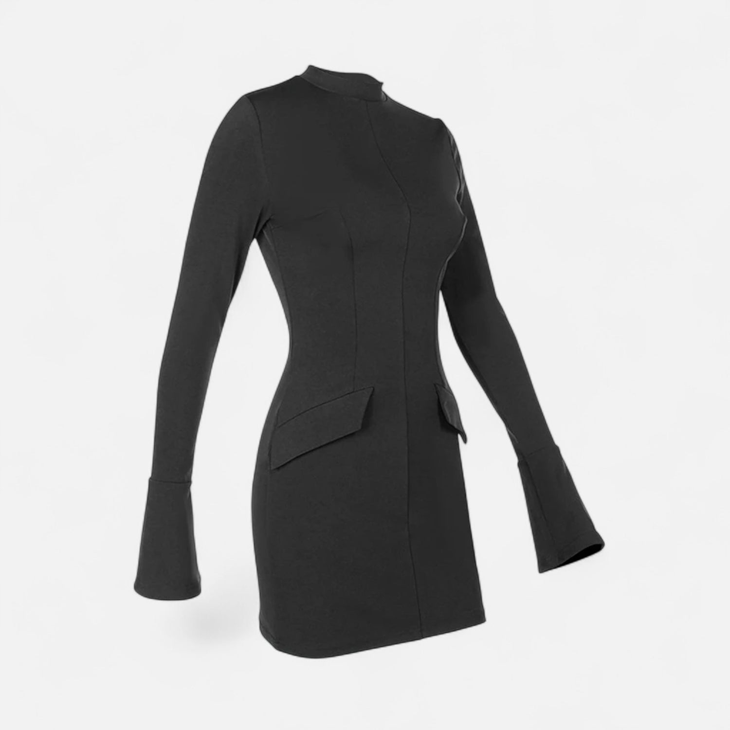 Structured mini dress with long sleeves, mock neck, and flared cuffs, designed in a minimalist modern style