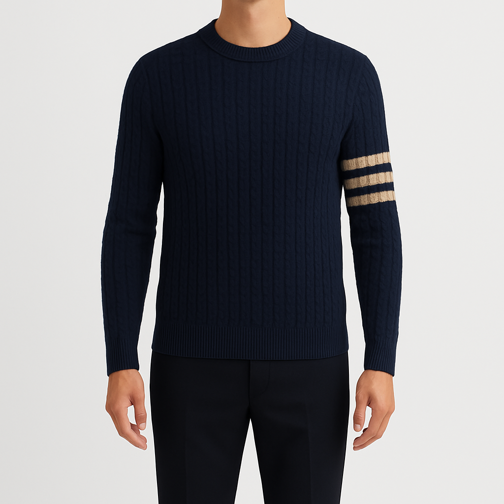 Cable knit sweater with crew neck and striped arm detailing, styled for a modern classic look