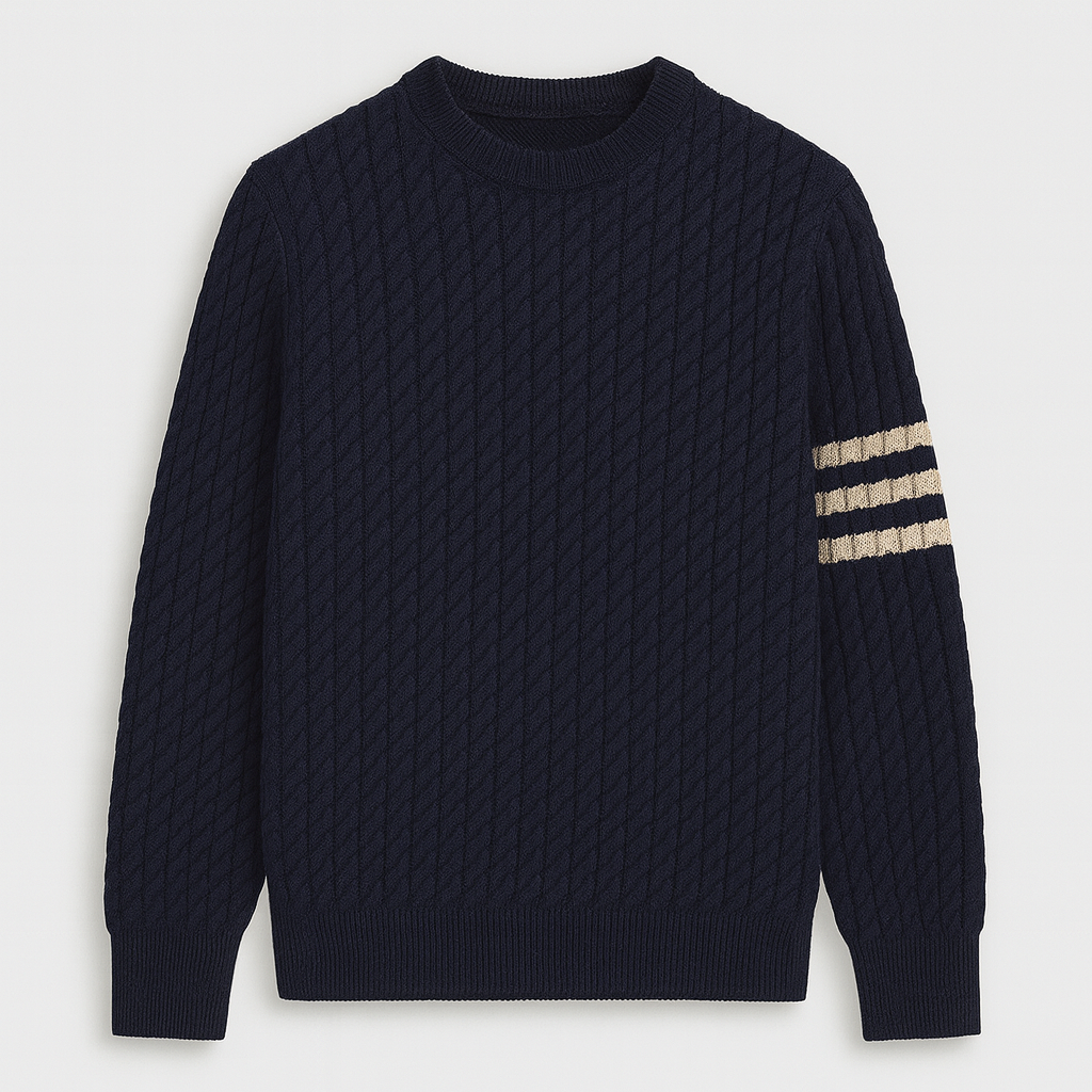 Cable knit sweater with crew neck and striped arm detailing, styled for a modern classic look