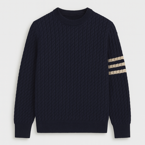 Cable knit sweater with crew neck and striped arm detailing, styled for a modern classic look