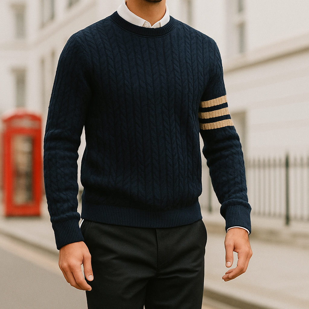 Cable knit sweater with crew neck and striped arm detailing, styled for a modern classic look
