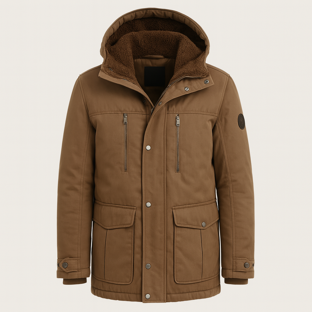 Hooded parka jacket with zip and button closure, designed for insulated cold-weather wear