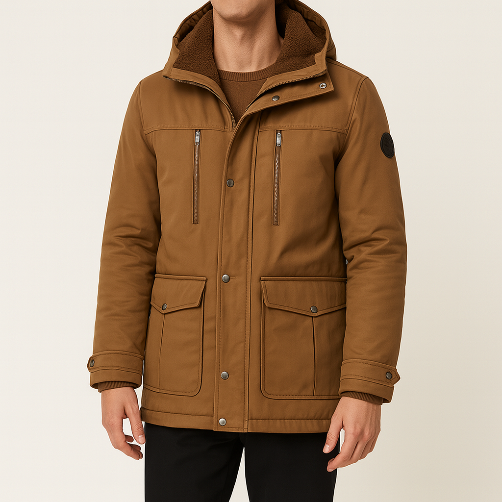 Hooded parka jacket with zip and button closure, designed for insulated cold-weather wear