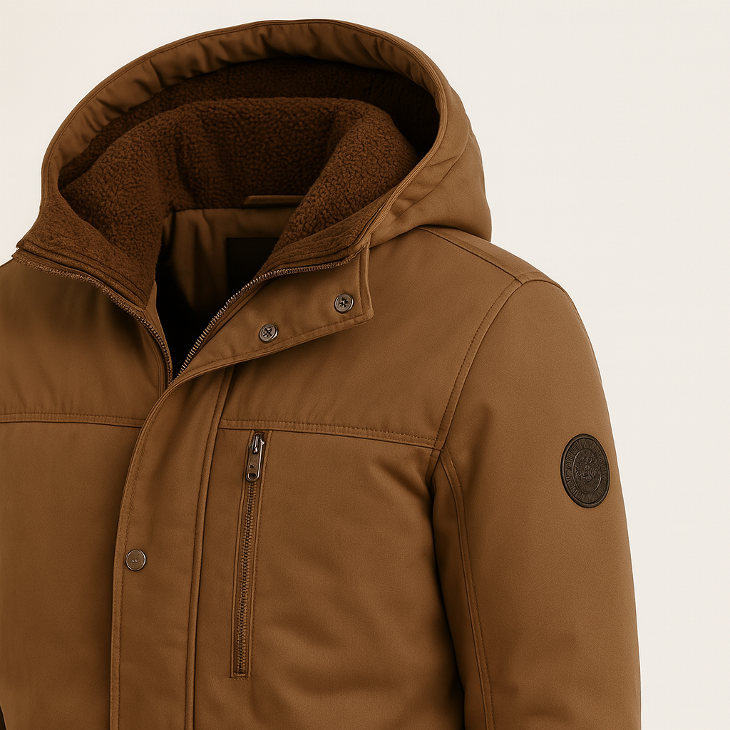 Hooded parka jacket with zip and button closure, designed for insulated cold-weather wear