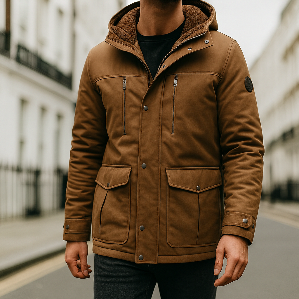 Hooded parka jacket with zip and button closure, designed for insulated cold-weather wear