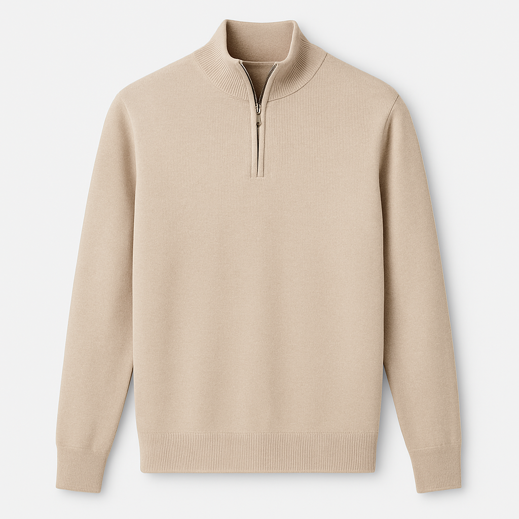 Knit half-zip pullover with smooth finish and high collar, styled for refined casual and smart looks