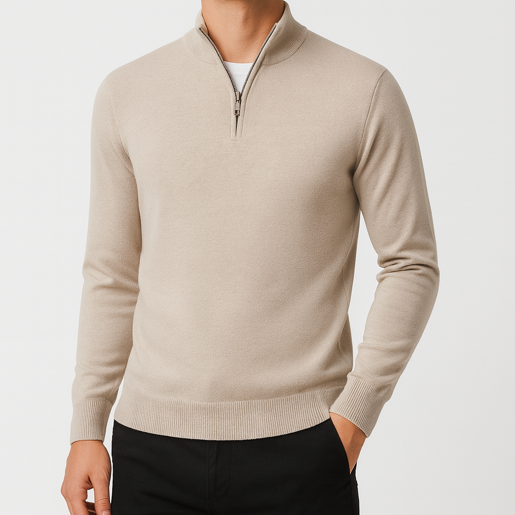 Knit half-zip pullover with smooth finish and high collar, styled for refined casual and smart looks