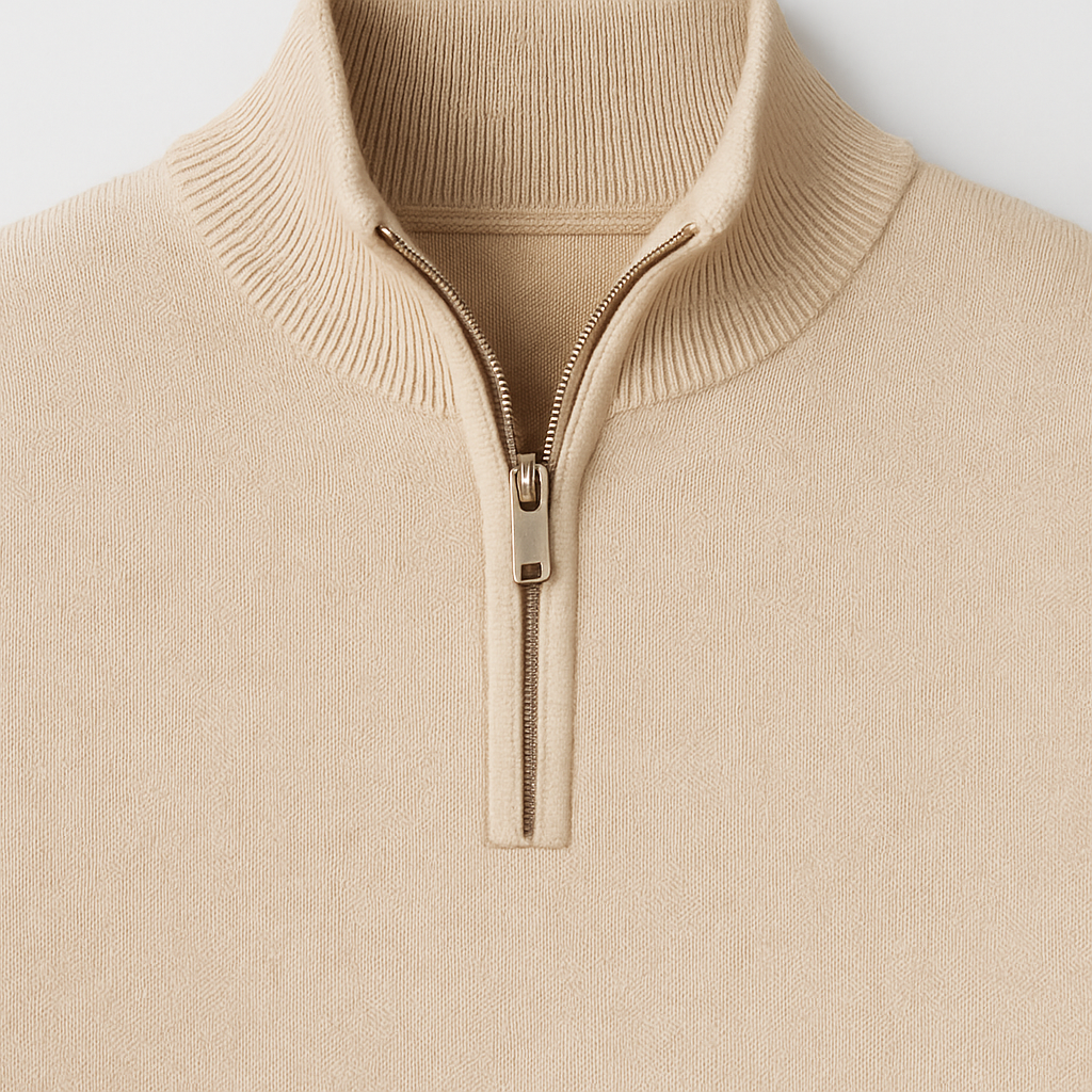 Knit half-zip pullover with smooth finish and high collar, styled for refined casual and smart looks