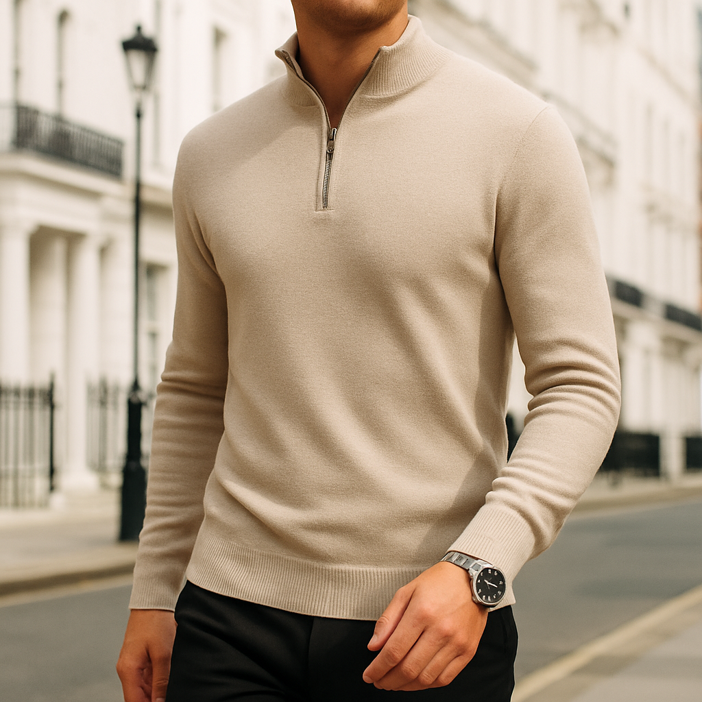 Knit half-zip pullover with smooth finish and high collar, styled for refined casual and smart looks
