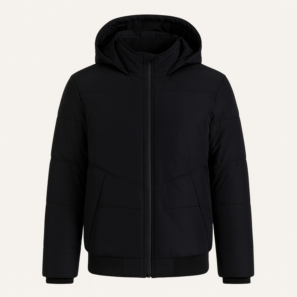 Hooded puffer jacket with zip front and insulated design, styled for modern everyday wear