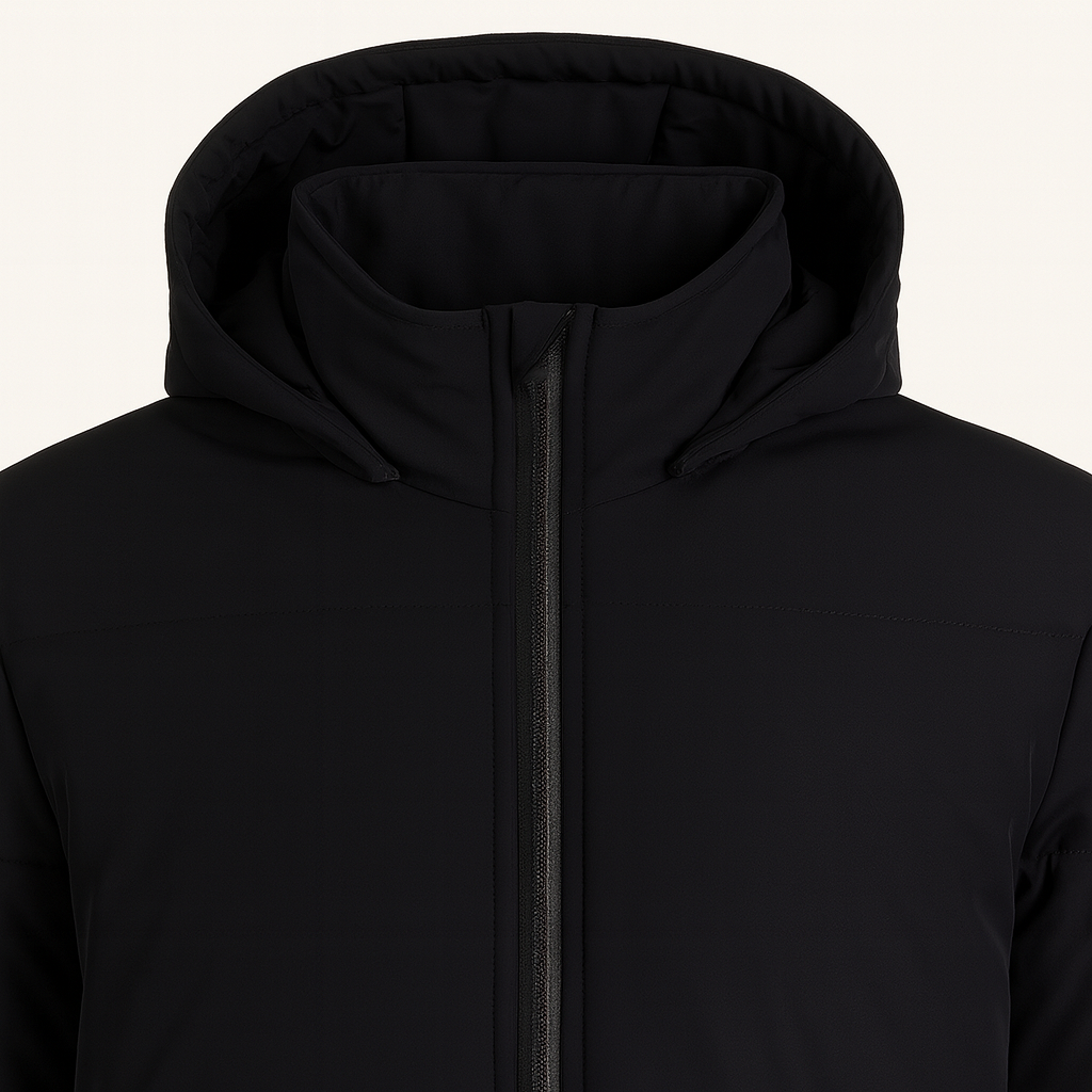 Hooded puffer jacket with zip front and insulated design, styled for modern everyday wear