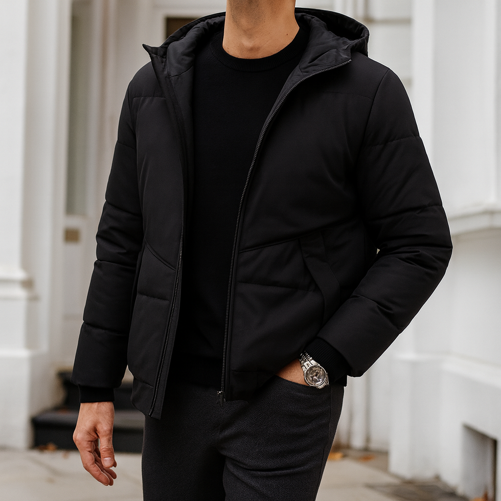 Hooded puffer jacket with zip front and insulated design, styled for modern everyday wear