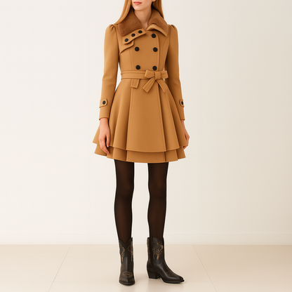 Wool trench coat with faux fur collar, belted waist, and flared hem designed for elegant cold-weather wear