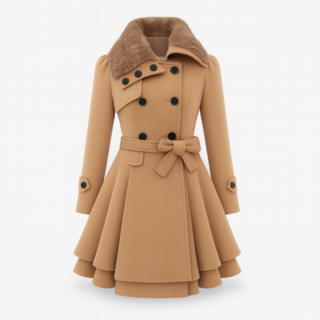 Wool trench coat with faux fur collar, belted waist, and flared hem designed for elegant cold-weather wear