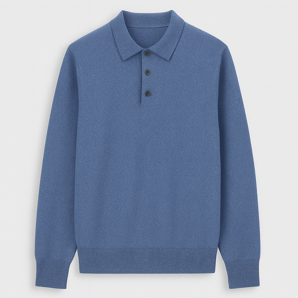 Knit polo sweater with button placket and classic collar, styled for a modern casual look