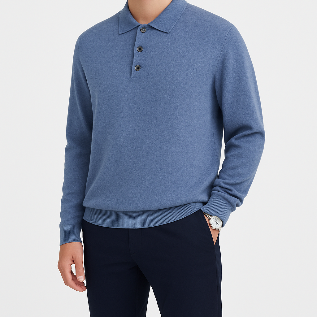Knit polo sweater with button placket and classic collar, styled for a modern casual look
