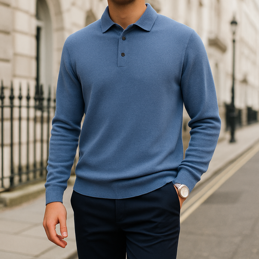 Knit polo sweater with button placket and classic collar, styled for a modern casual look