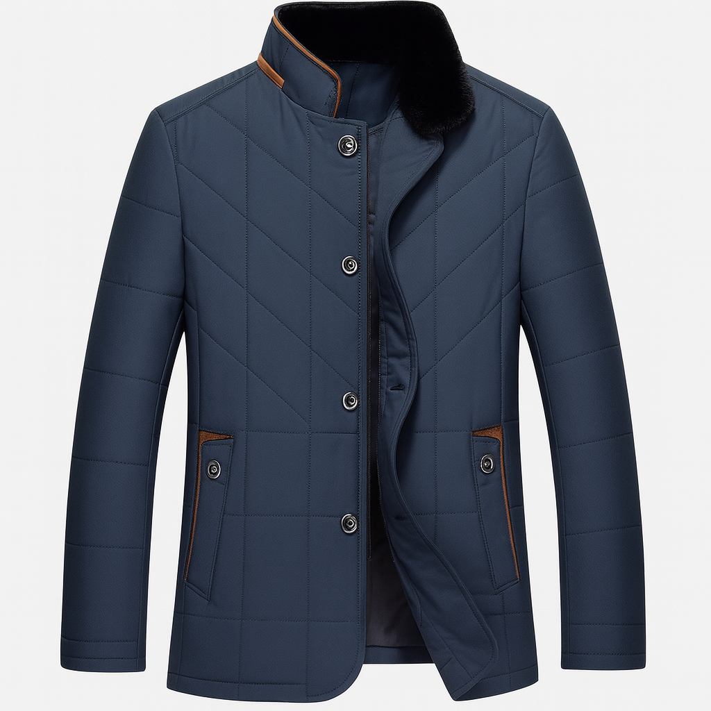 Quilted jacket with button-front closure, contrast trim, and stand collar, styled for modern cold-weather wear