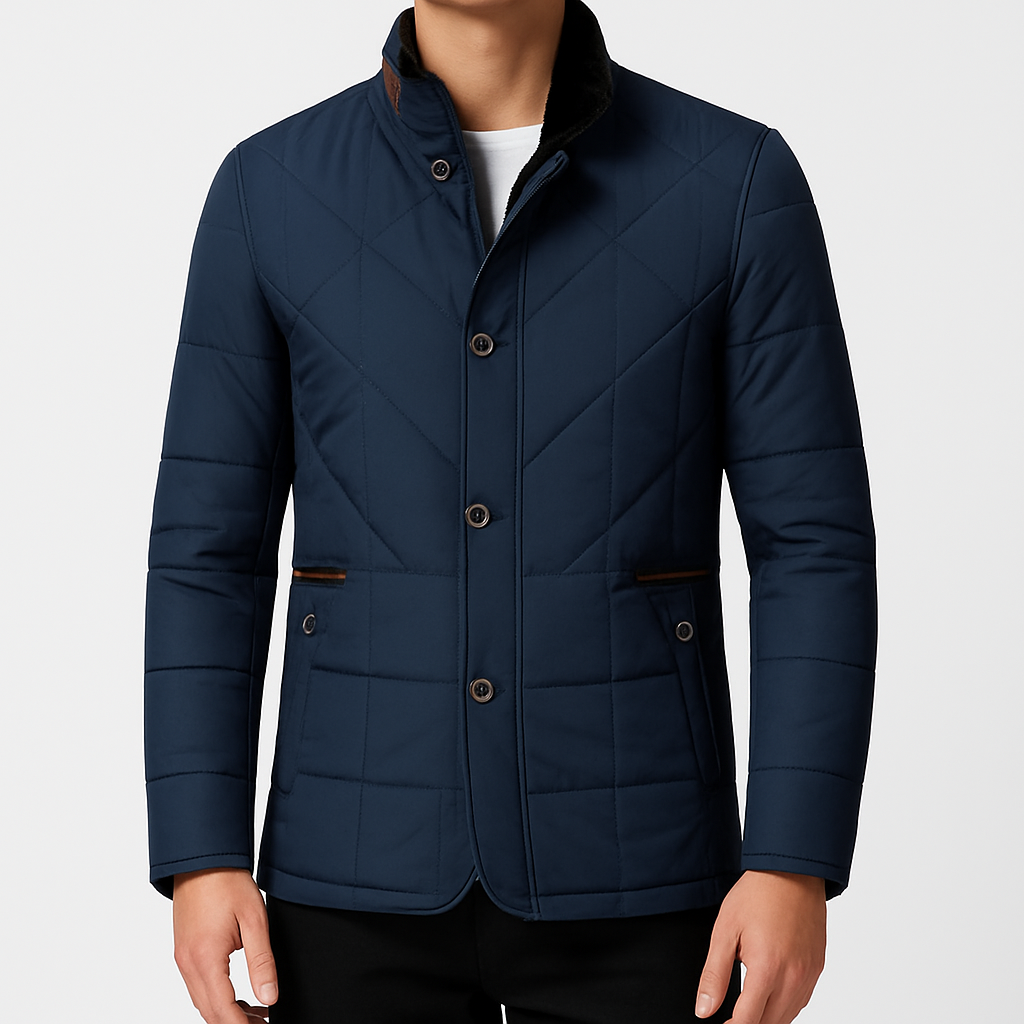 Quilted jacket with button-front closure, contrast trim, and stand collar, styled for modern cold-weather wear