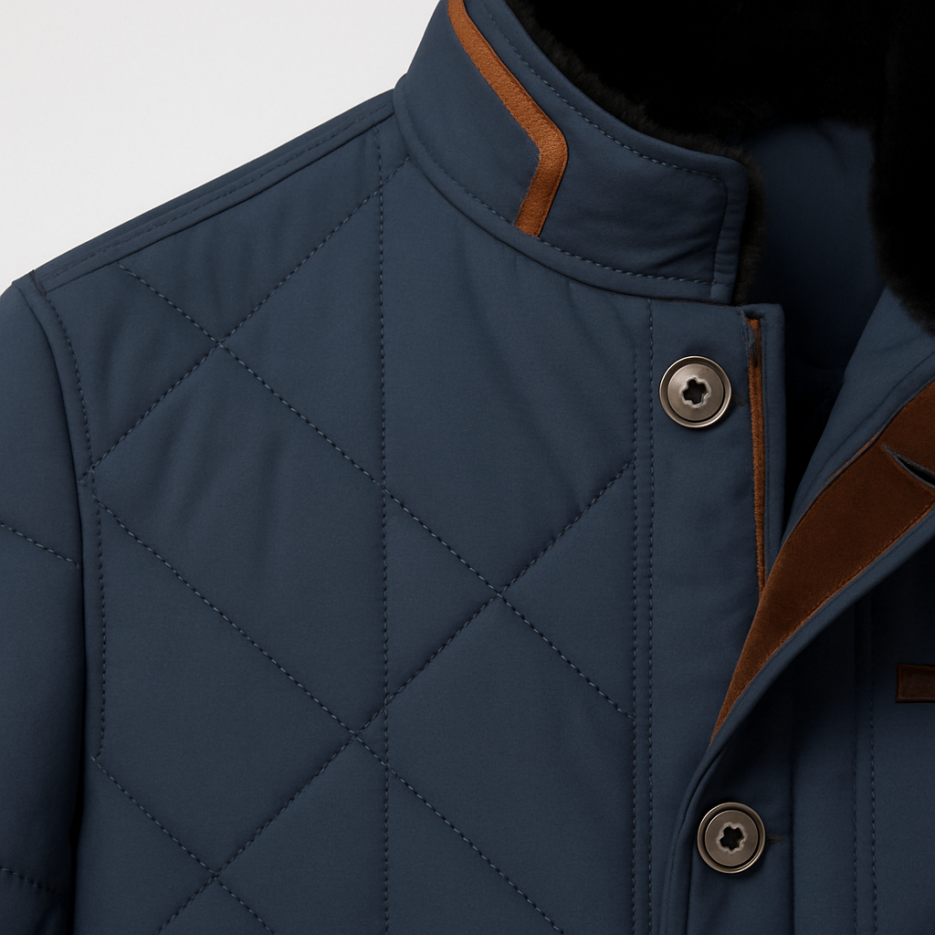 Quilted jacket with button-front closure, contrast trim, and stand collar, styled for modern cold-weather wear