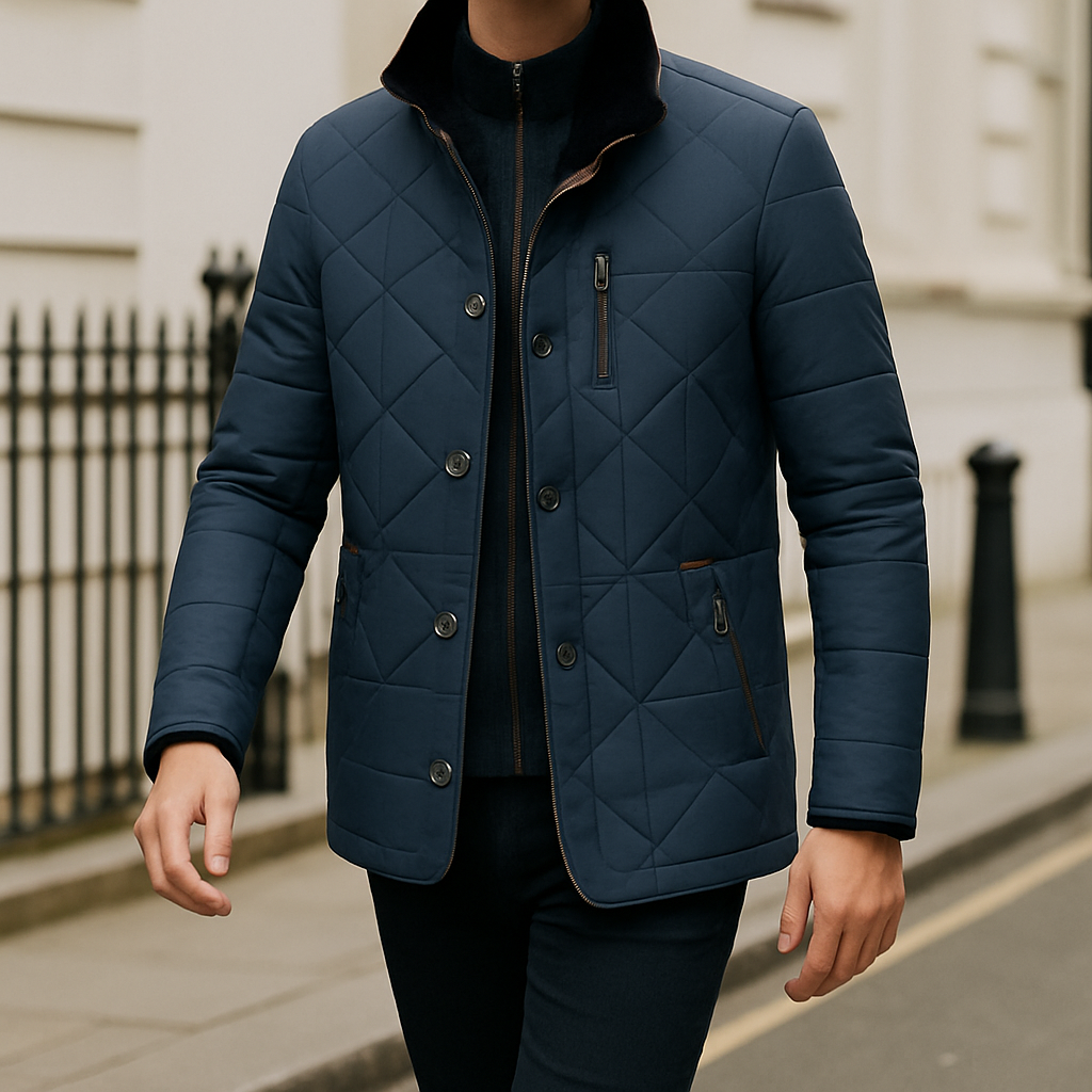 Quilted jacket with button-front closure, contrast trim, and stand collar, styled for modern cold-weather wear