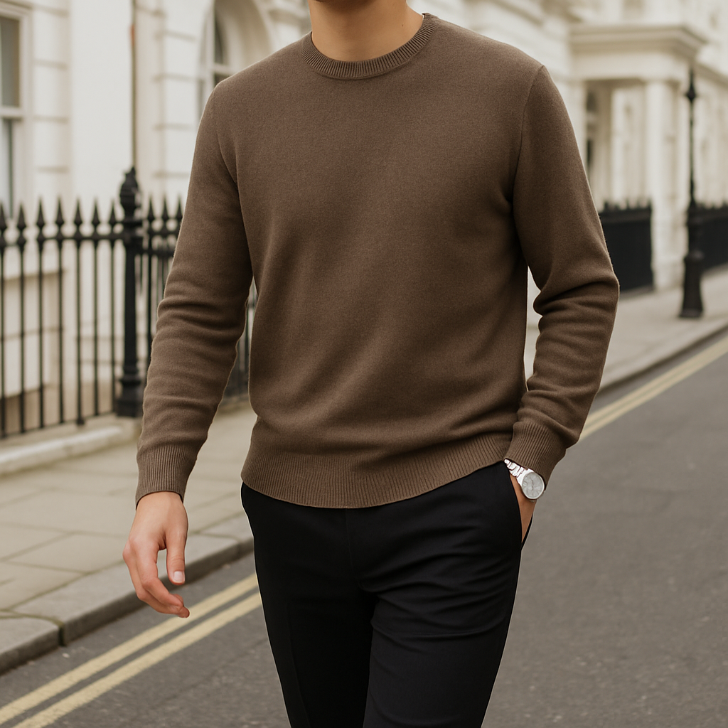 Crew neck knit sweater with fine texture and ribbed hems, styled for a smart casual look
