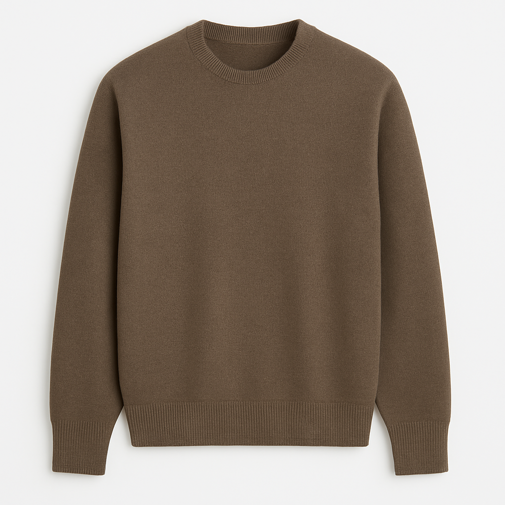 Crew neck knit sweater with fine texture and ribbed hems, styled for a smart casual look