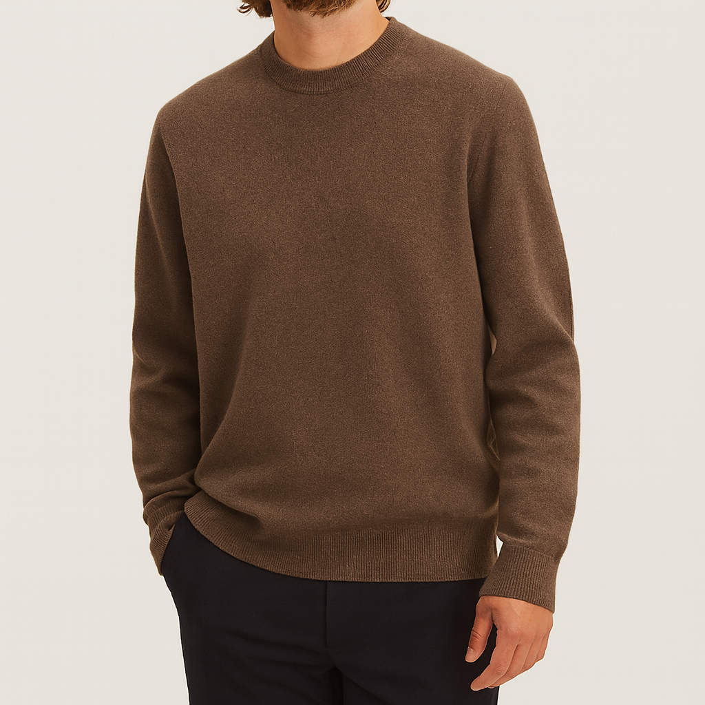 Crew neck knit sweater with fine texture and ribbed hems, styled for a smart casual look