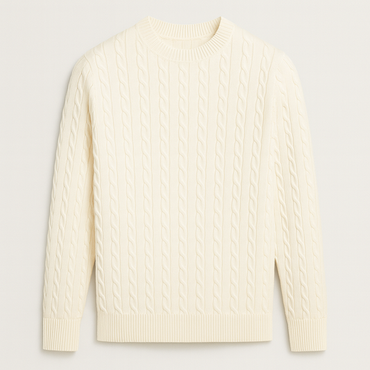 Men’s cable-knit sweater with a classic crew neckline.