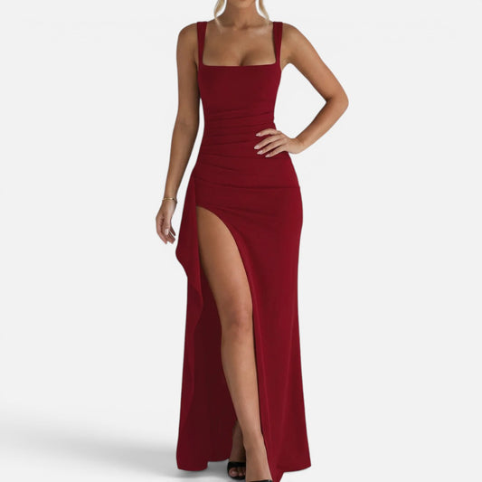 Duvrier | Women’s Elegant Bodycon Slip Maxi Dress with Leg Split and Open Back